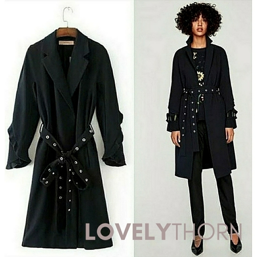 ZARA // ltd ed blogger fave ruffle detail metal grommet belt trench coat - Picture 1 of 16